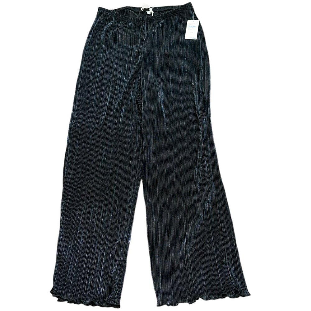 Good American Plisse Wide Leg Pants‎ GWB0100 Black Size 3/4 Shinny Pull On NWT